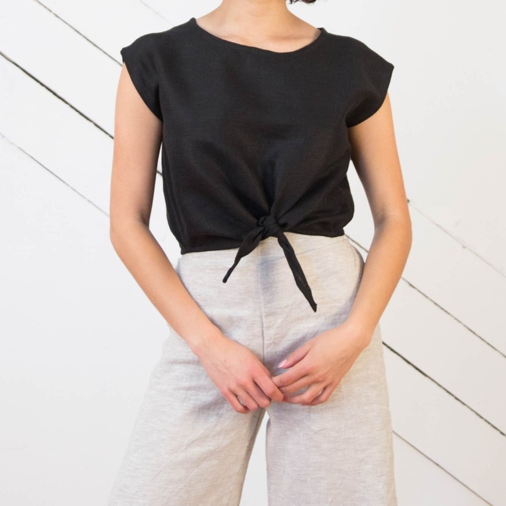 Only Child Luzon tie top, black linen, XS